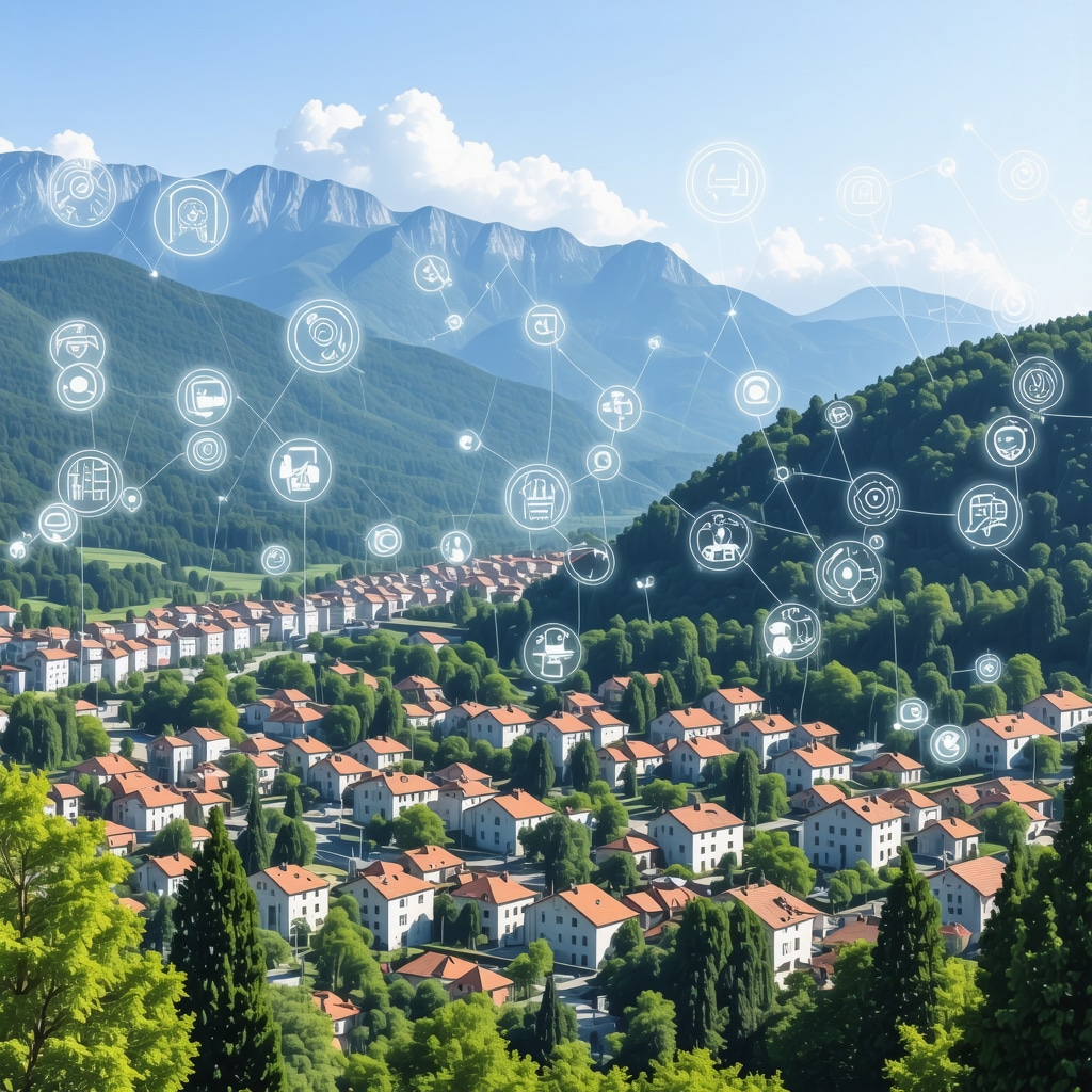 Cetinje cityscape with historic buildings and digital icons symbolizing smart and sustainable tourism