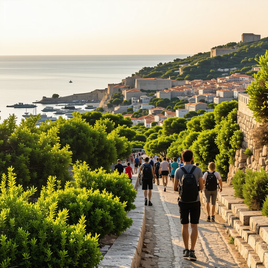 Dubrovnik harbor panoramic view showing historic walls, Mediterranean flora, hikers with GPS devices and sunset lighting