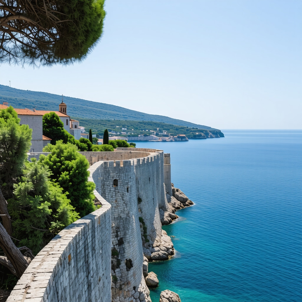 Dubrovnik ancient city walls with lush green landscape and Adriatic sea