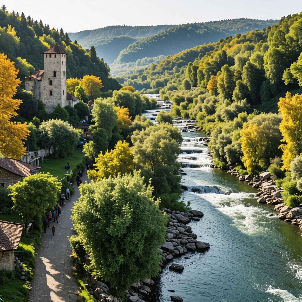 Panoramic autumn view of Jajce with rivers, castle, hikers, and local artisans representing sustainable ecotourism