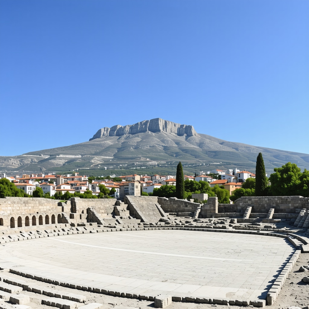 Panoramic view of Patras city showing ancient theater ruins and Panachaiko mountain