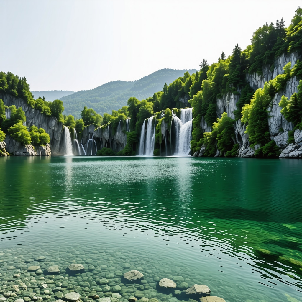 Panoramic landscape of Plitvička Lakes featuring waterfalls and dense green forest