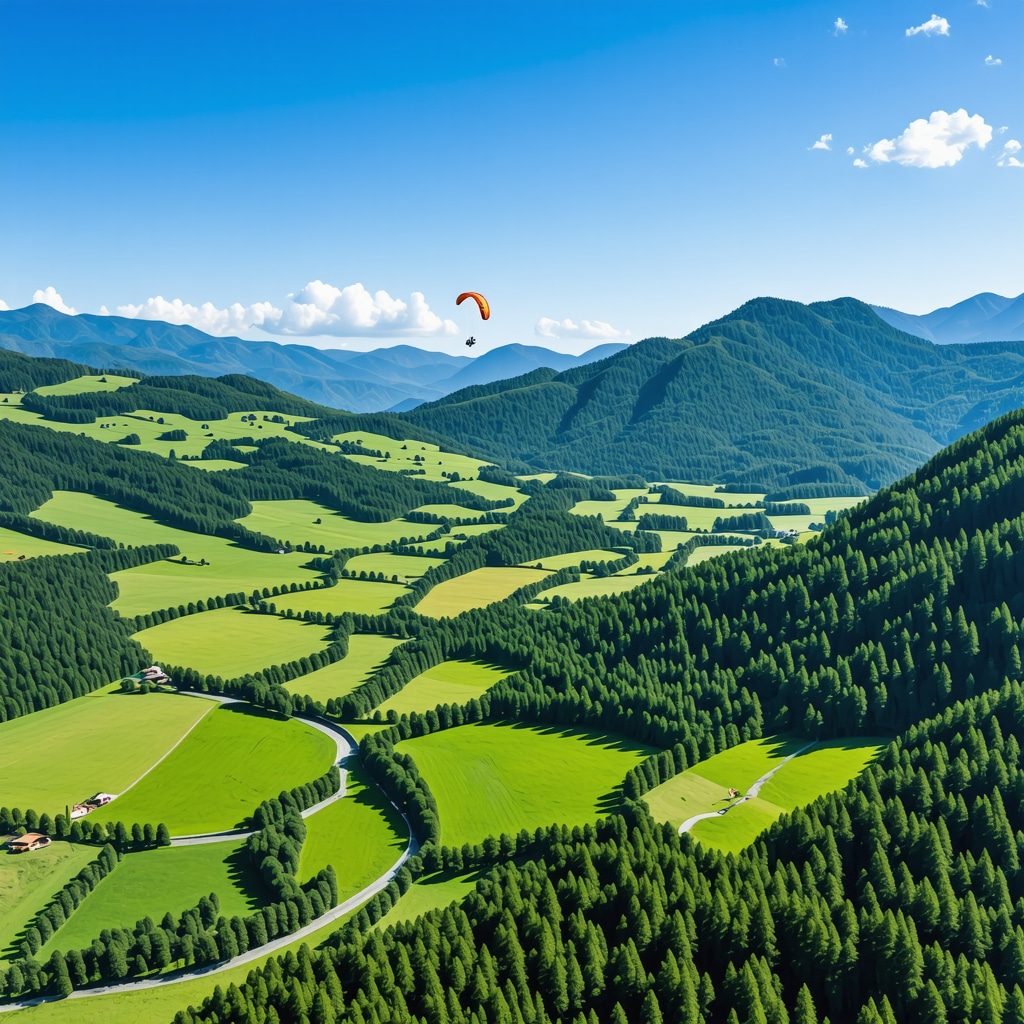 Drone image of paraglider flying over lush green mountainous terrain with trekking trails and rivers near Novi Pazar