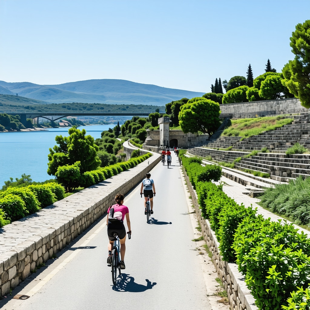 Panoramic image of Patras ancient theater with augmented reality visualization and eco-friendly cycling paths near Rio-Antirrio Bridge