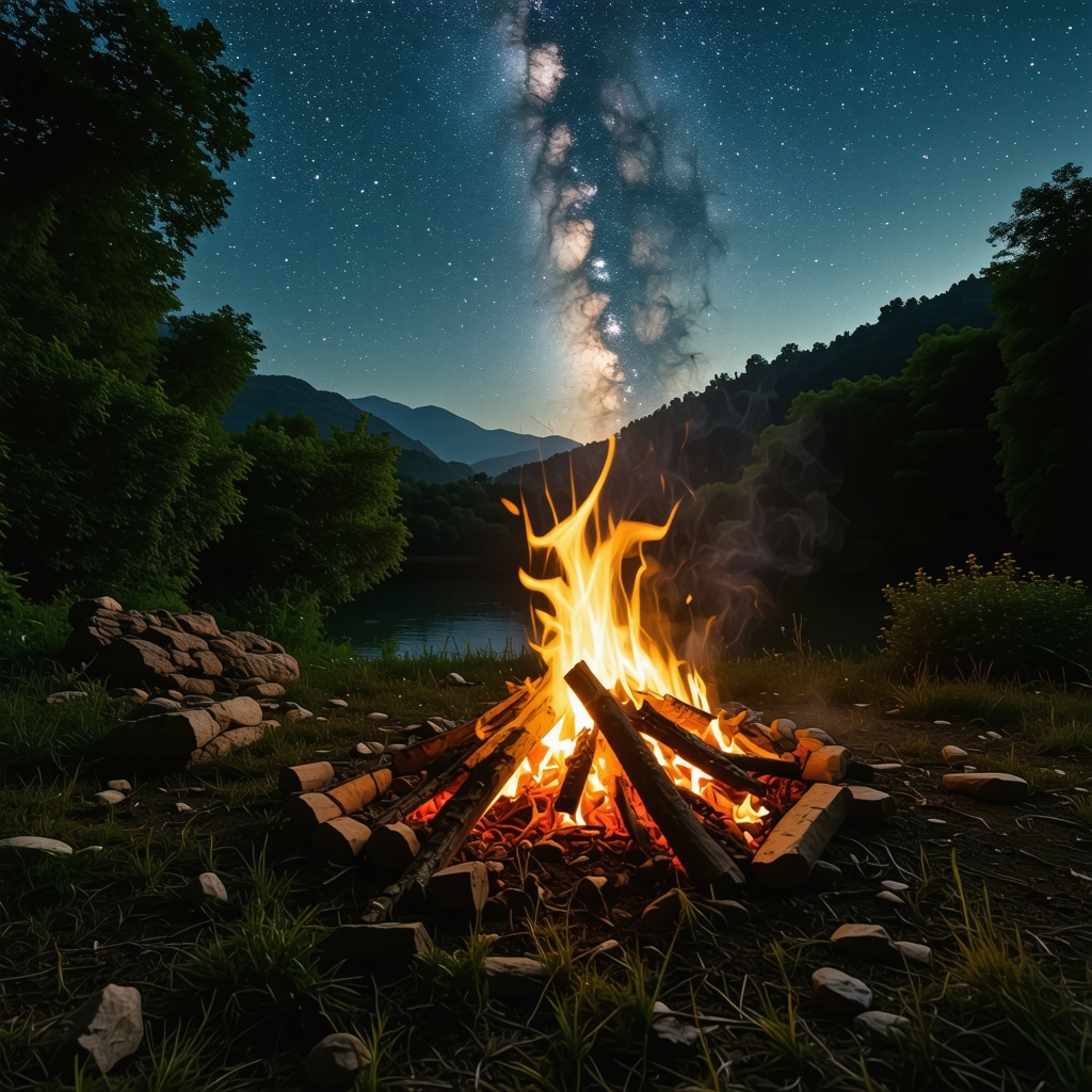 Campfire at night in Bar surrounded by forest and starry sky