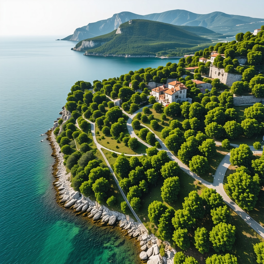 Aerial image of Petrovac coastline highlighting GPS-guided hiking and cycling trails with natural park areas and sustainable tourism infrastructure