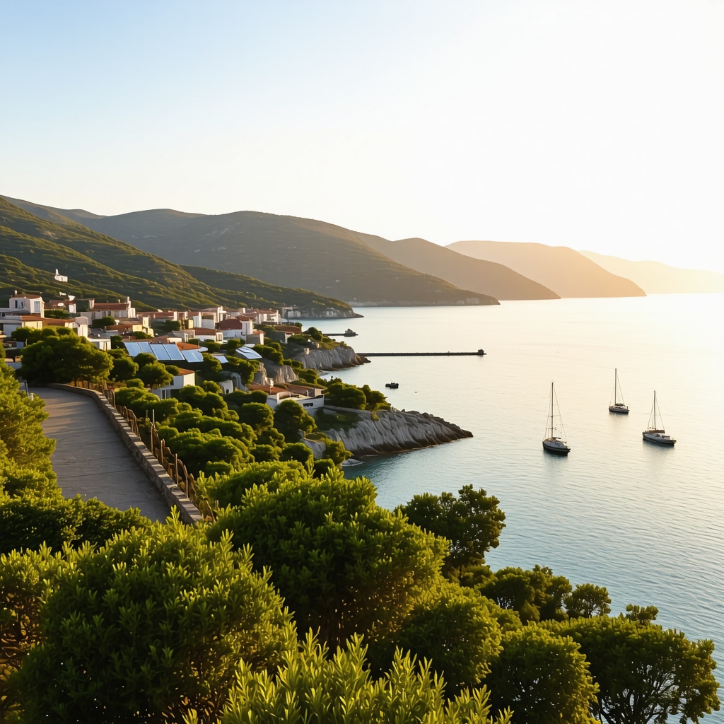 Panoramic view of Petrovac coast featuring eco-friendly tourism infrastructure and natural beauty at sunset