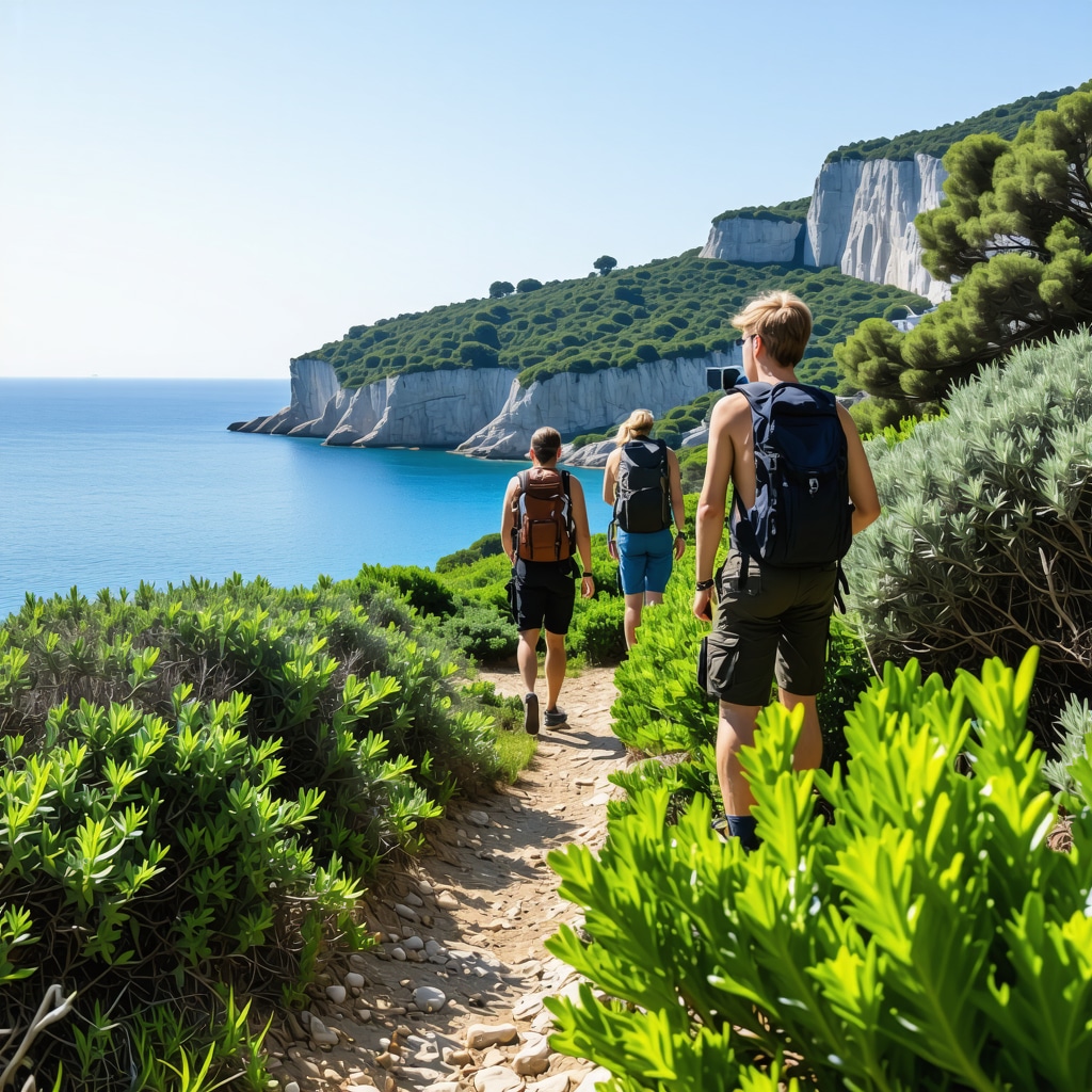 Panoramic image of Petrovac coastline featuring Mediterranean flora, hikers using GPS devices, and sustainable tourism signs