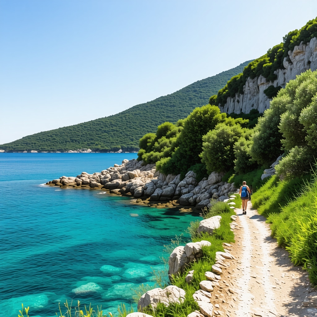 Scenic Petrovac coastline with clear sea and hikers on nature trails