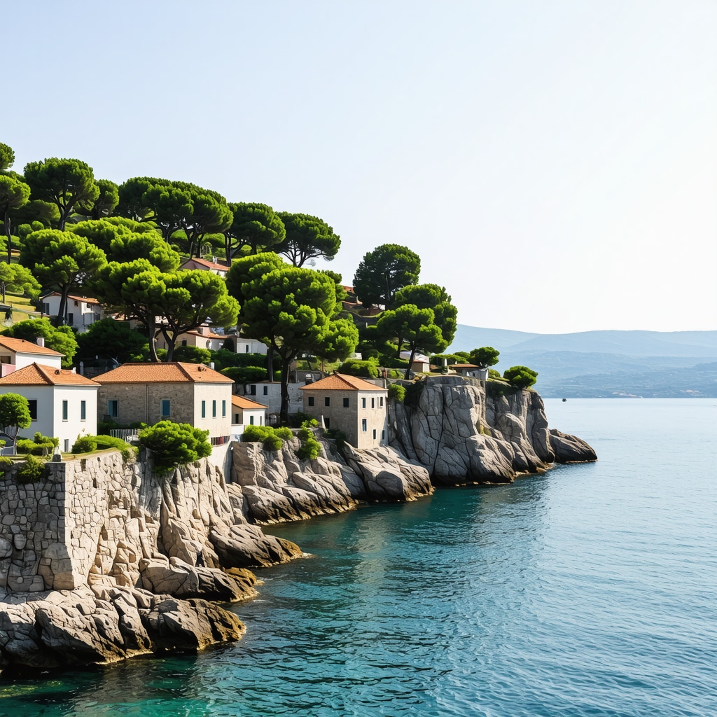 Panoramic view of Petrovac coastline featuring Adriatic sea, pine forests, and historic architecture