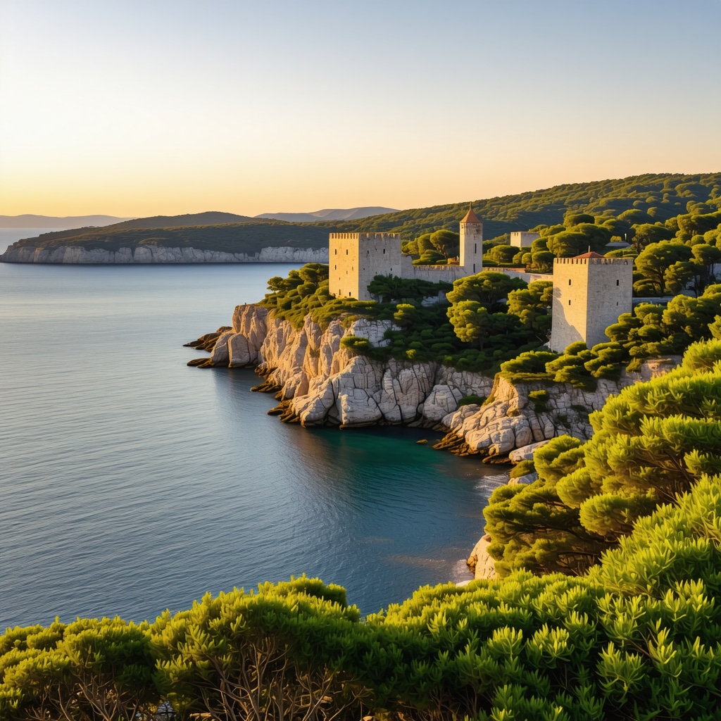 Sunset view of Petrovac coastline featuring historic fortress and pine forests