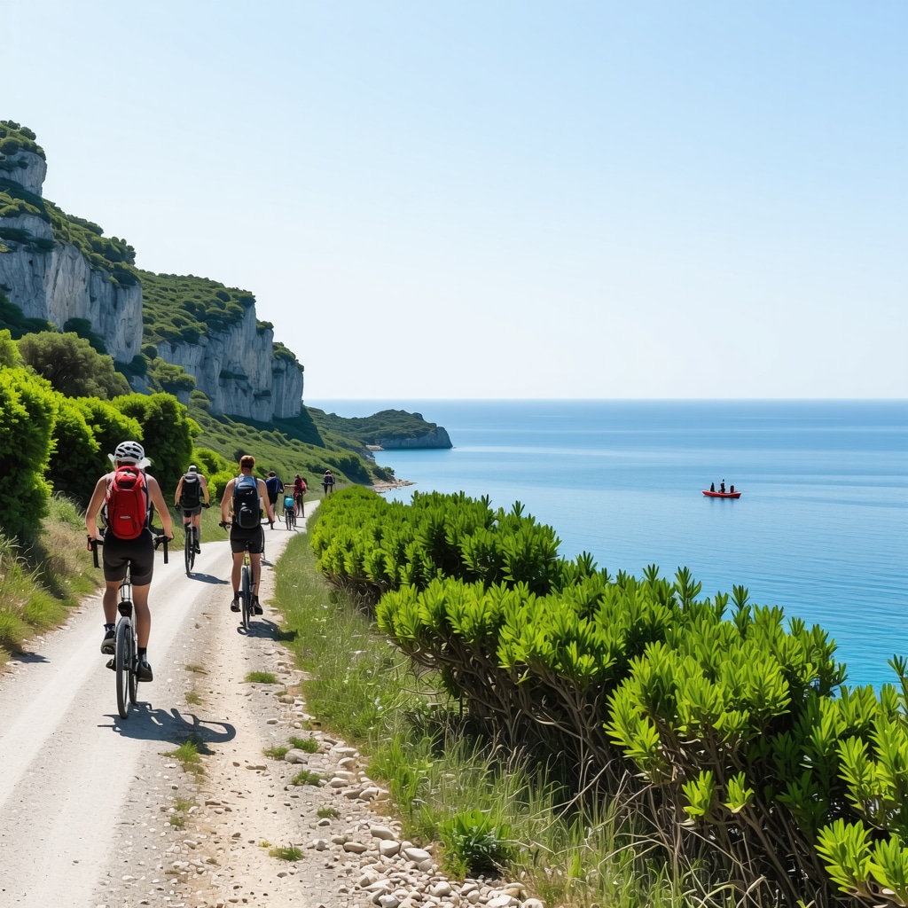 Panoramic view of hikers, cyclists, and kayakers engaging in nature sports around Petrovac