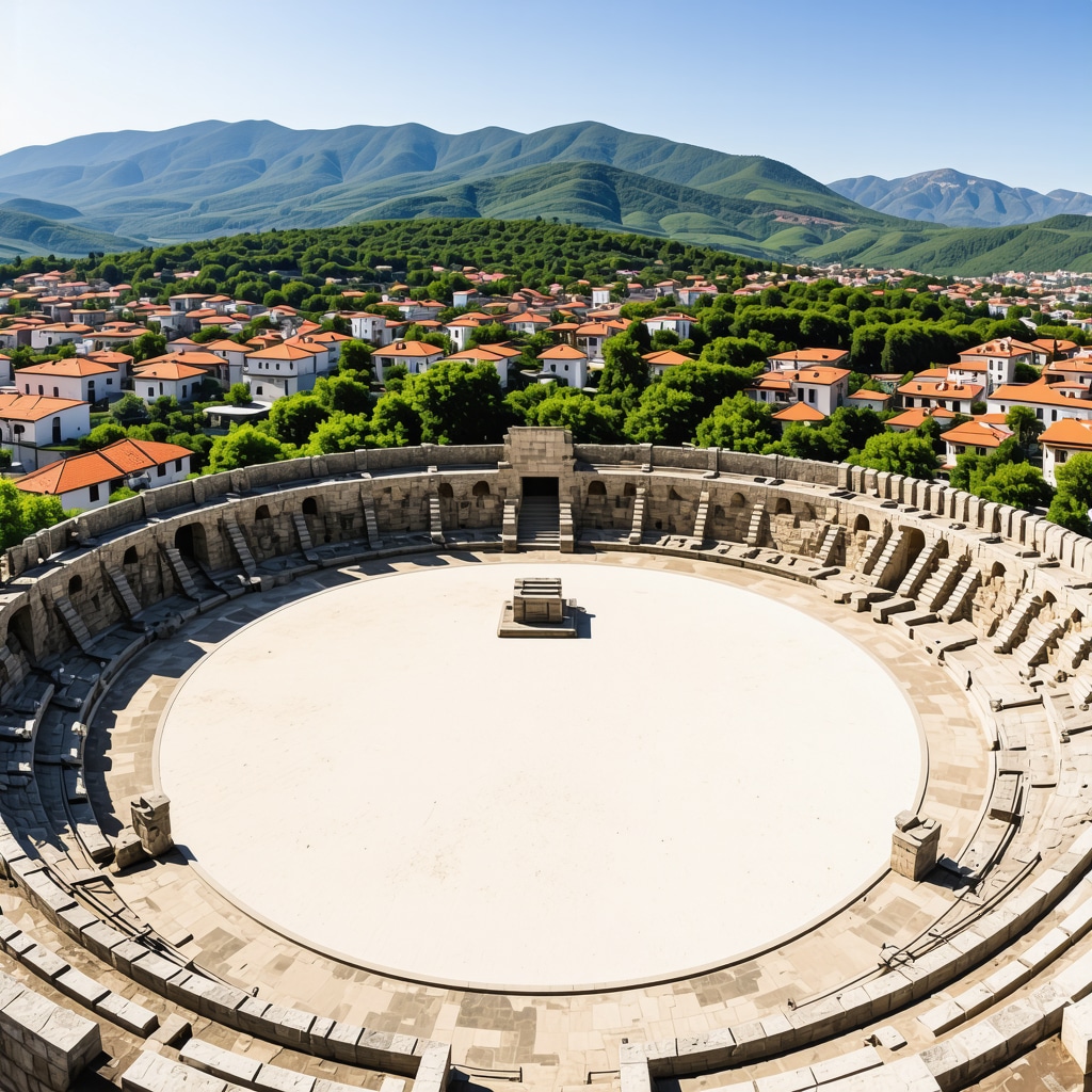 Panoramic image of Plovdiv's Roman theater integrated with augmented reality and 3D scanning graphics