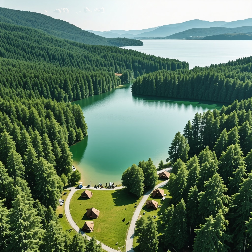 Drone aerial image of Pogradec Lake with surrounding forests and eco-friendly camping areas