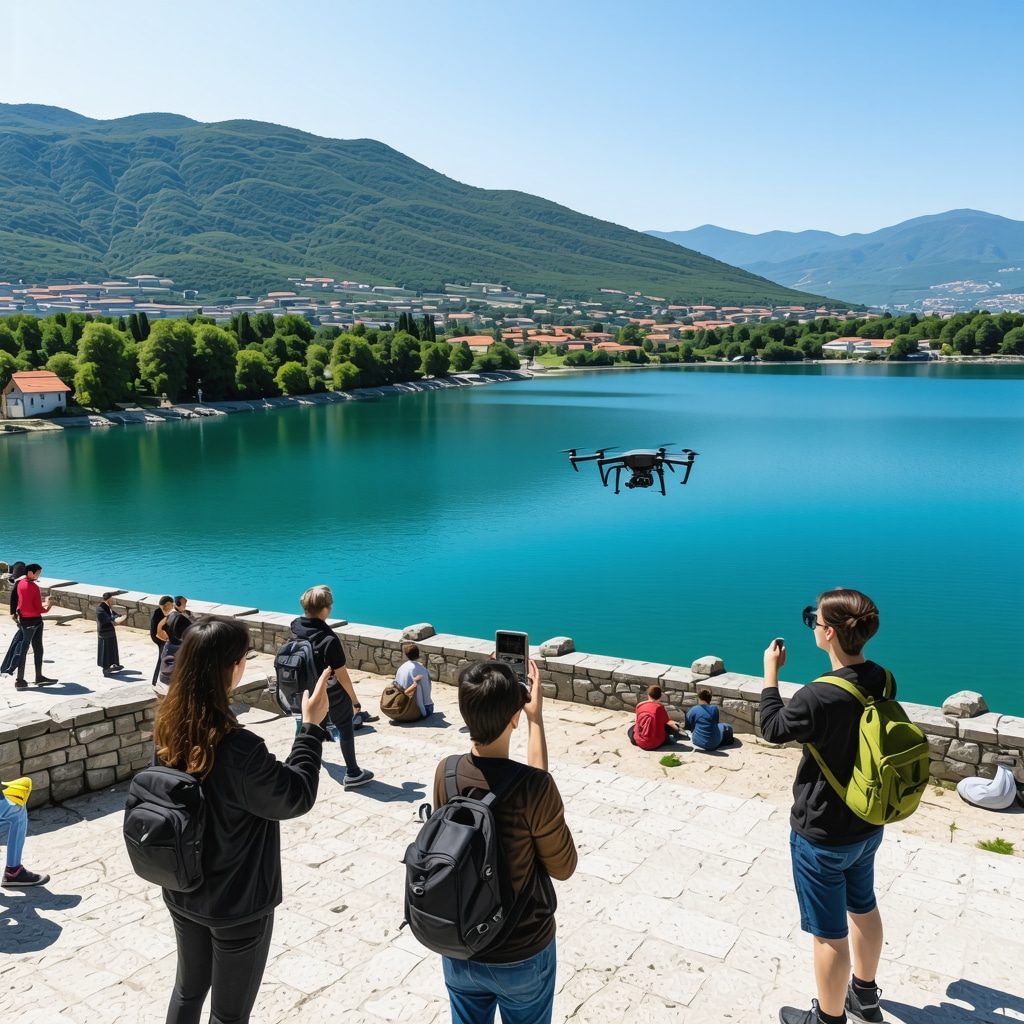 Drones monitoring Ohrid Lake and tourists using augmented reality near ancient ruins in Pogradec