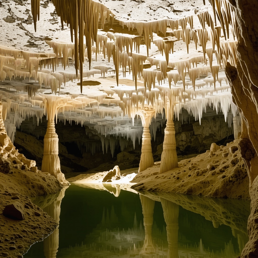 Illuminated stalactites and stalagmites inside Postojna Cave showing natural textures and depth
