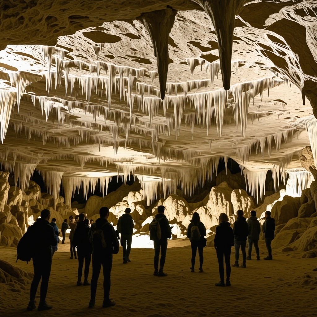 Postojna Mağarası içindeki sarkıt ve dikitlerin detaylı görünümü, turistler rehber dinlerken