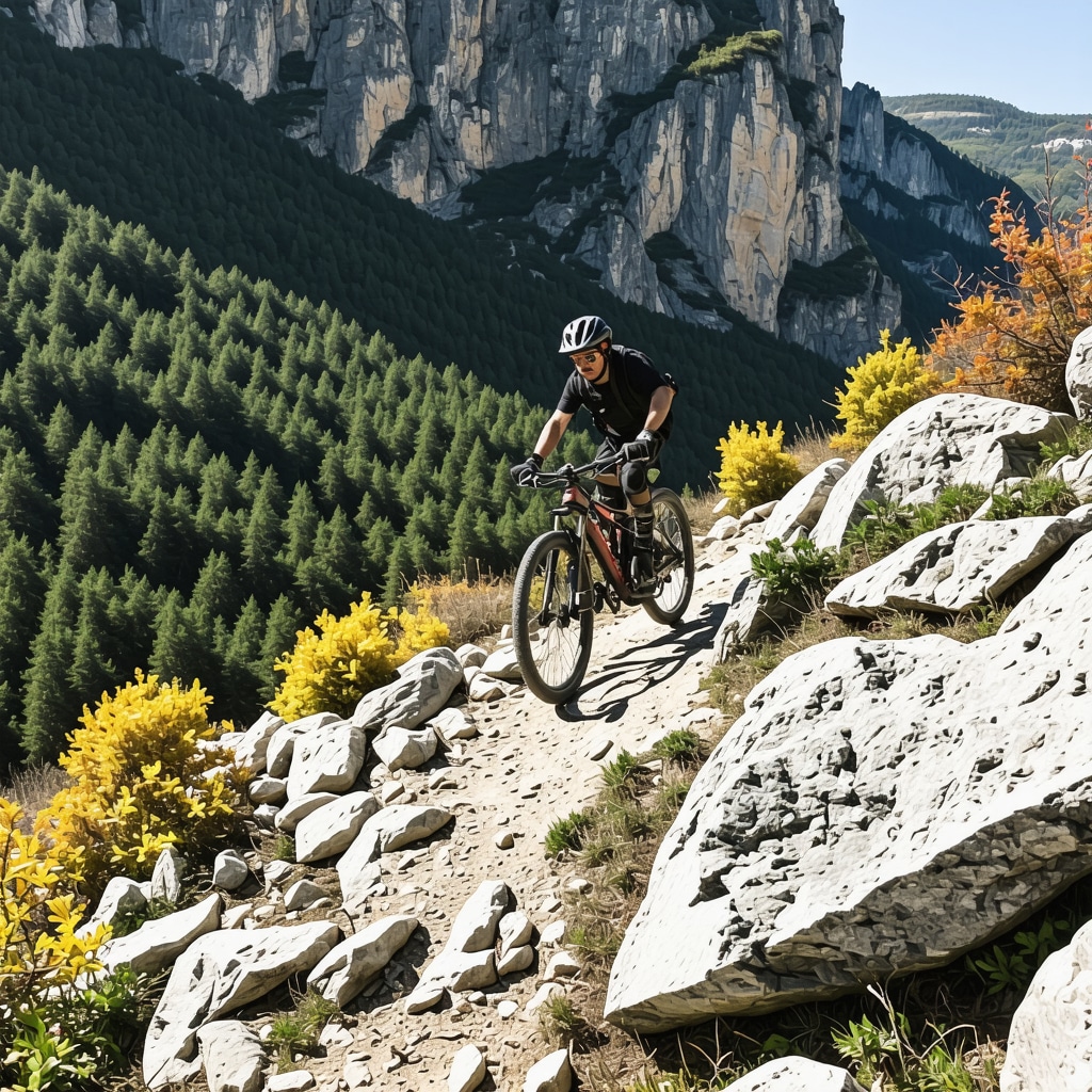 Mountain biker on a rocky trail amidst forest and cliffs in Paklenica National Park