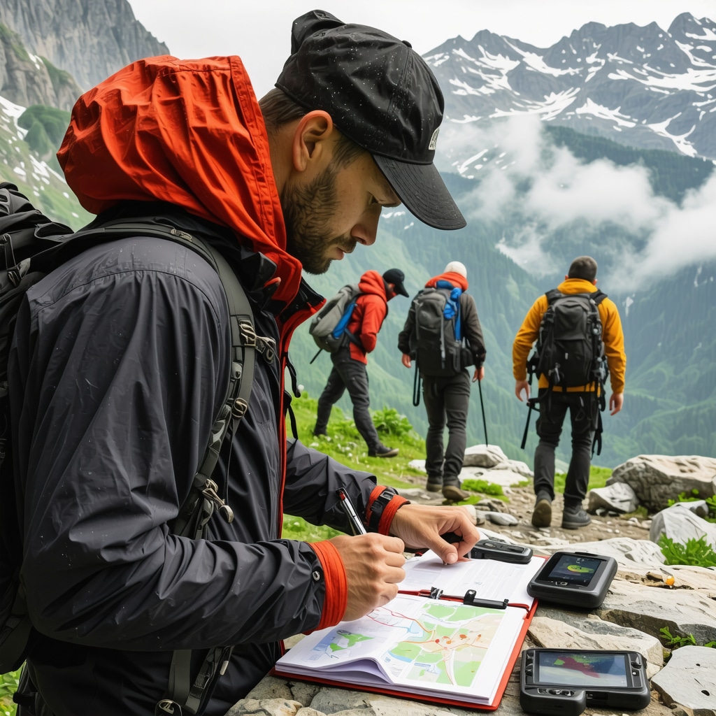 Mountain guide helping hikers on a rugged trail with GPS and maps in Rožaje