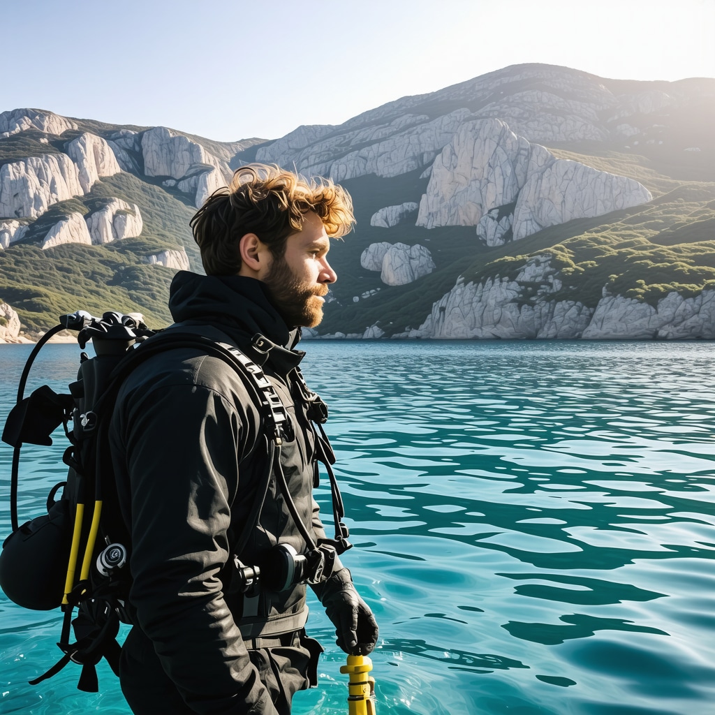 Professional diver and trekker in eco-friendly equipment exploring Makarska's Biokovo mountains and Adriatic sea