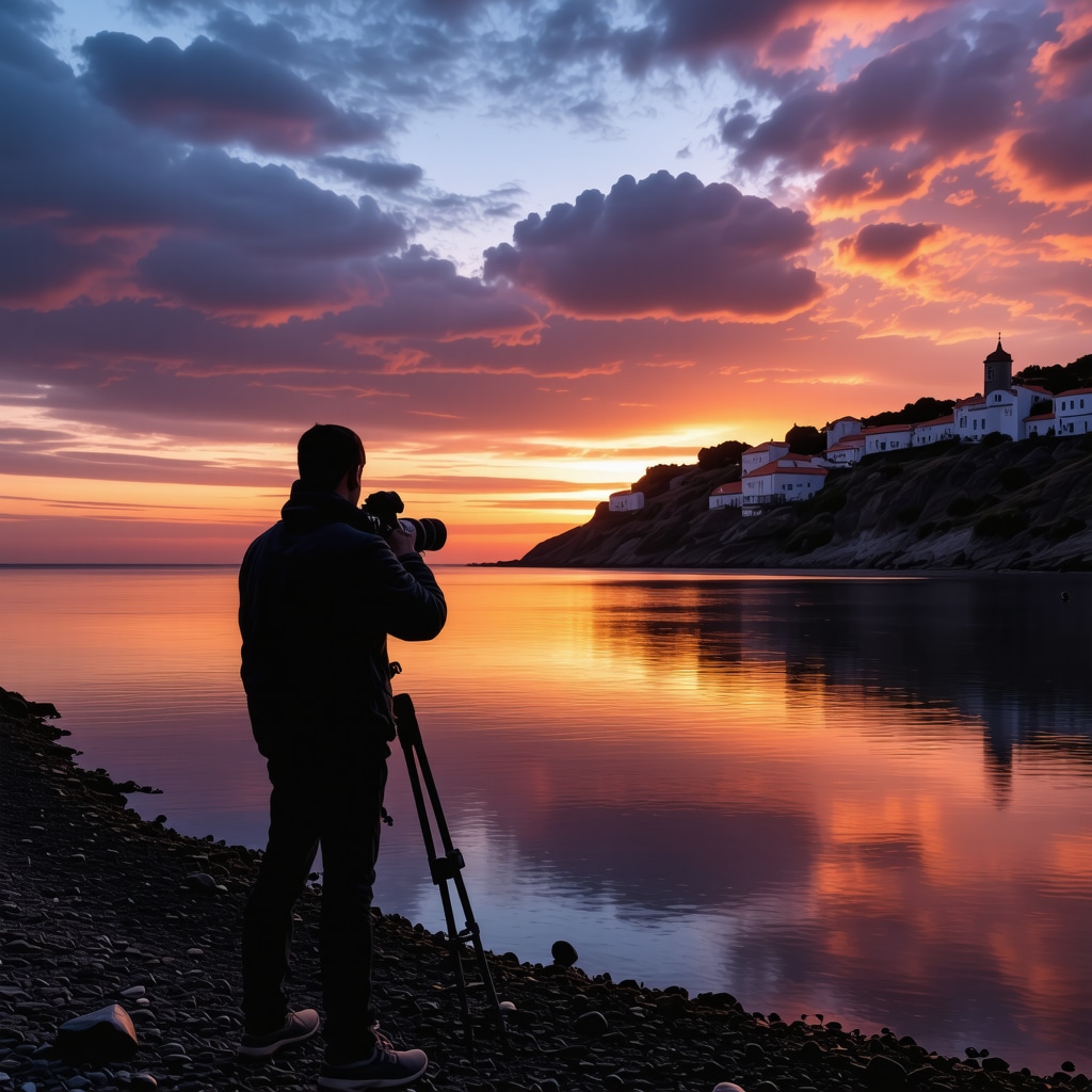 Profesyonel fotoğrafçı, Burgaz'ın tarihi kıyısında gün batımını tripod ve geniş açılı lens ile çekiyor