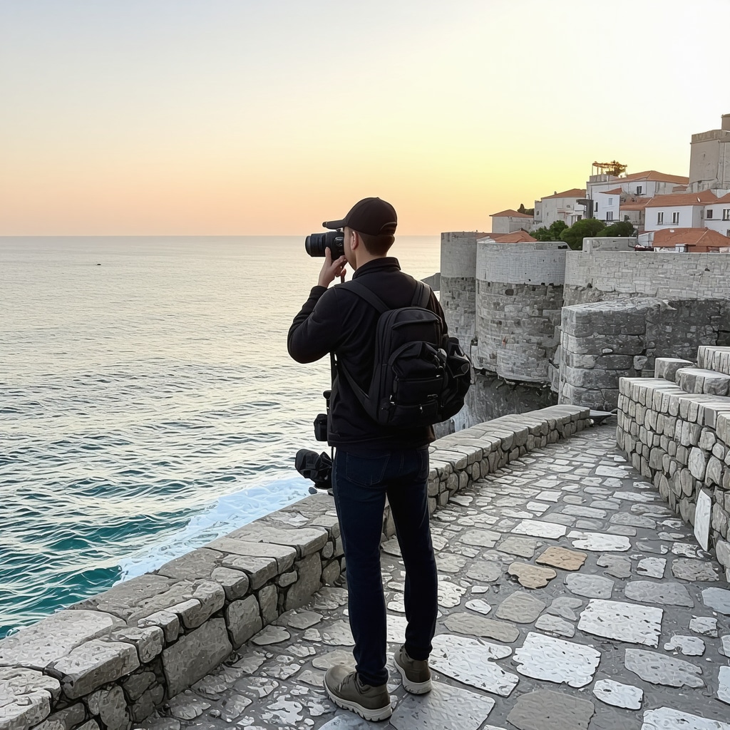 Profesyonel fotoğrafçı Dubrovnik'in tarihi surları ve Adriyatik Denizi manzarasında altın saatlerde çekim yapıyor