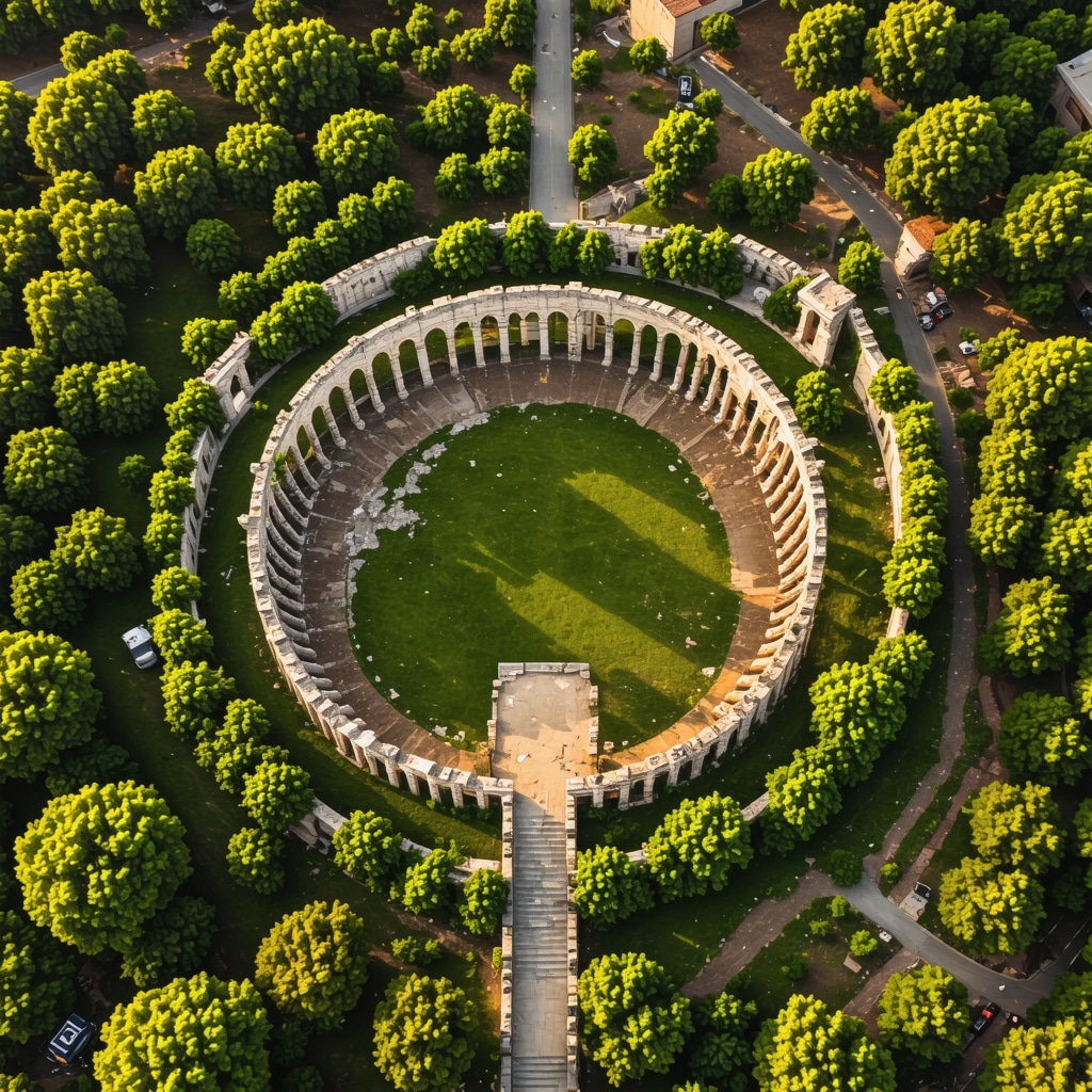 Aerial photograph of Pula's ancient Roman amphitheater amidst natural greenery illuminated by warm golden hour light