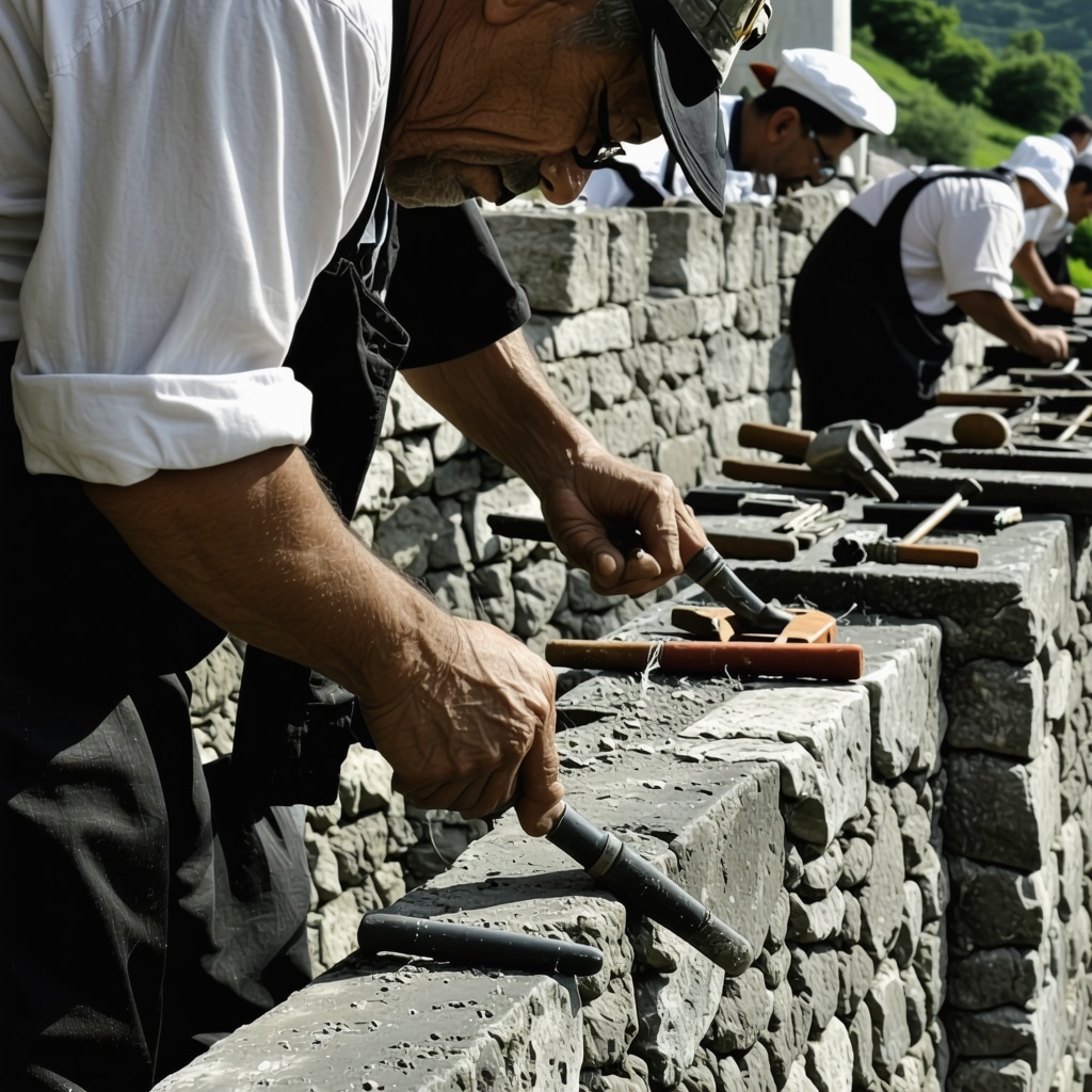 Craftsmen restoring historic stone bridge in Konjic using traditional and modern tools amid natural surroundings