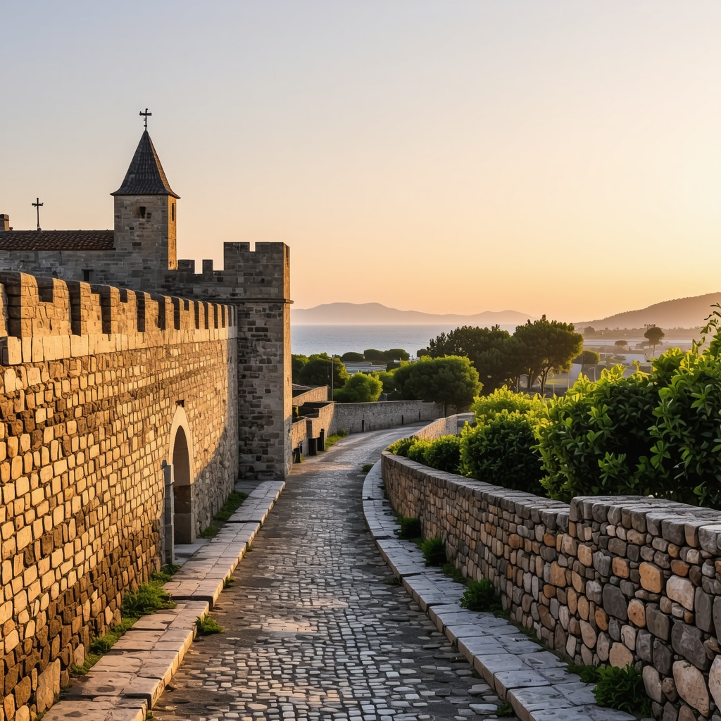 Panoramic sunrise view of Rhodes Old Town with medieval stone walls and Aegean Sea in background