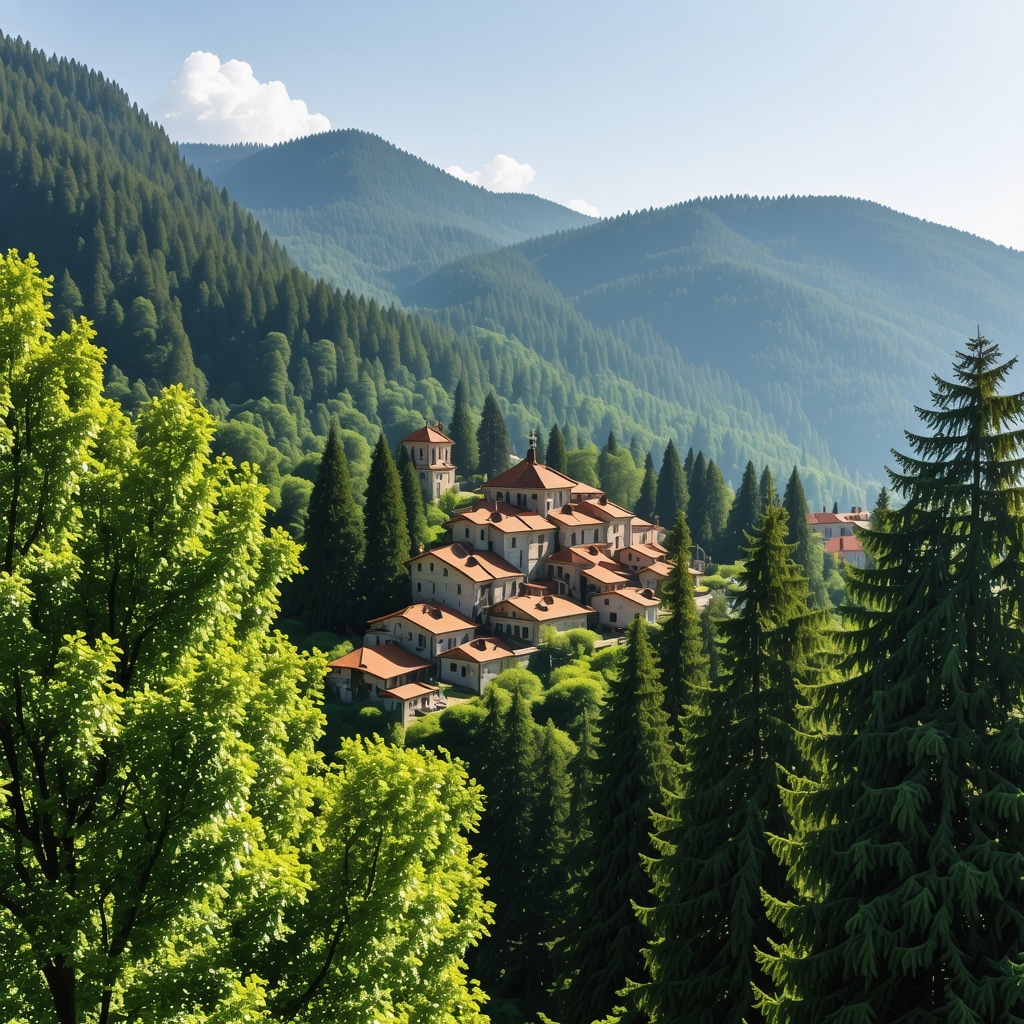 Rila Monastery surrounded by green mountains and clear sky