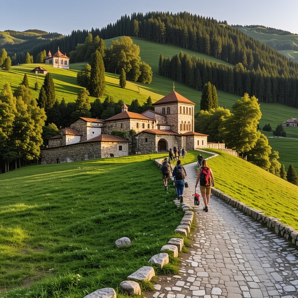 Panoramic view of Rila Monastery surrounded by lush green mountains and hikers on nature trails