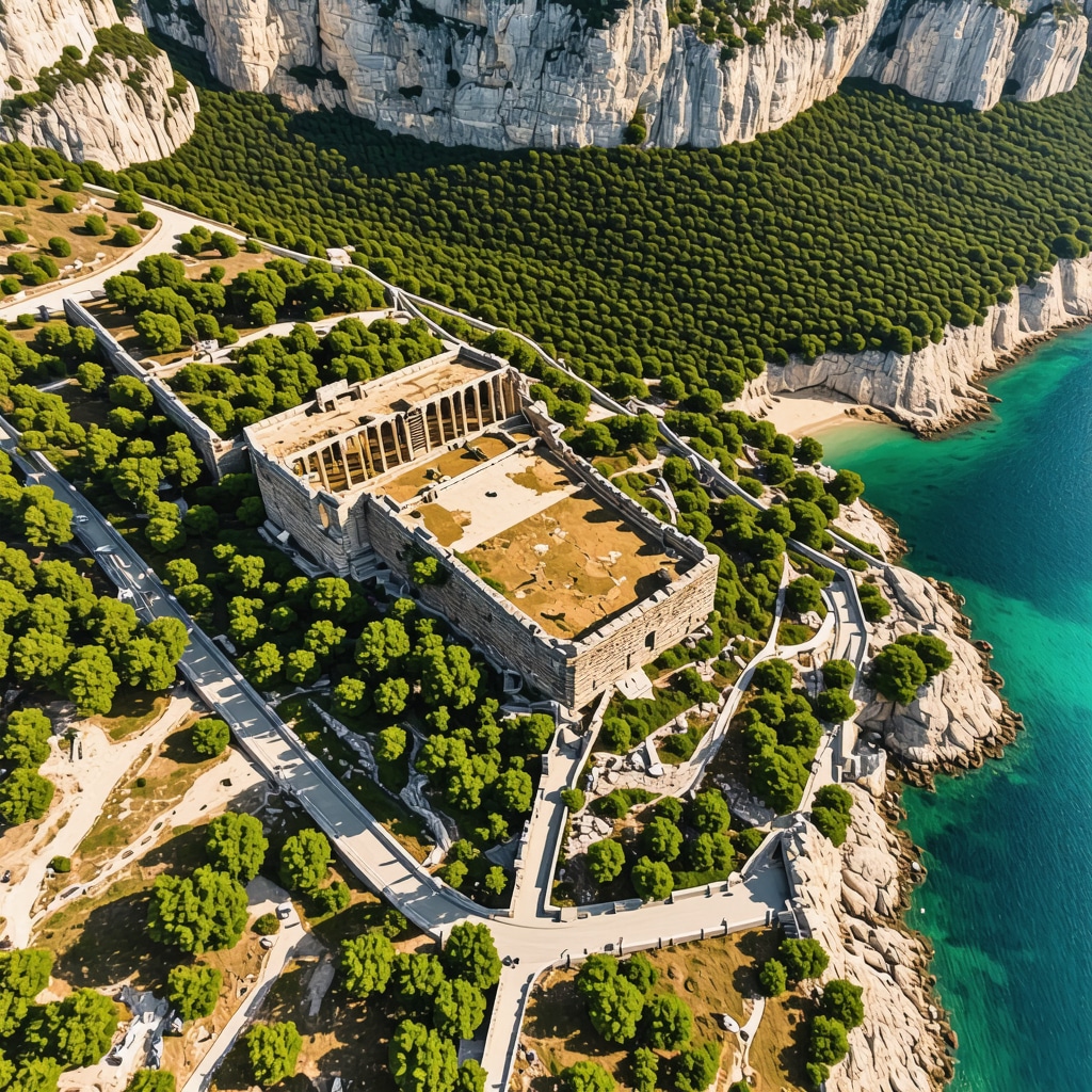 Aerial view of Rodos Island with ancient ruins and lush green nature areas including Butterfly Valley