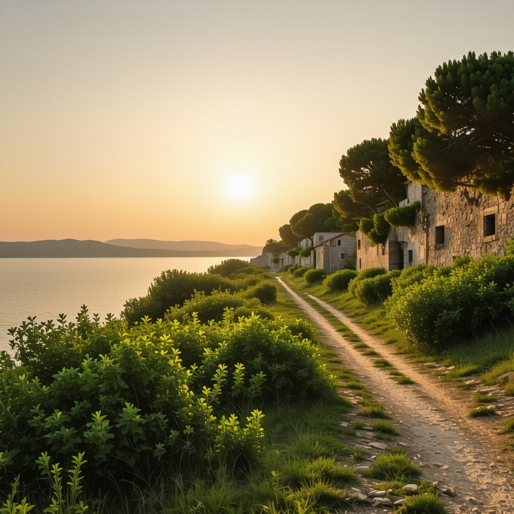 Coastal trail in Rovinj with historical ruins and greenery during sunset