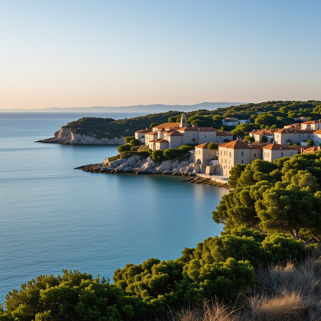 Panoramic view of Rovinj coastline with historic buildings and natural landscape during sunset, symbolizing sustainable tourism