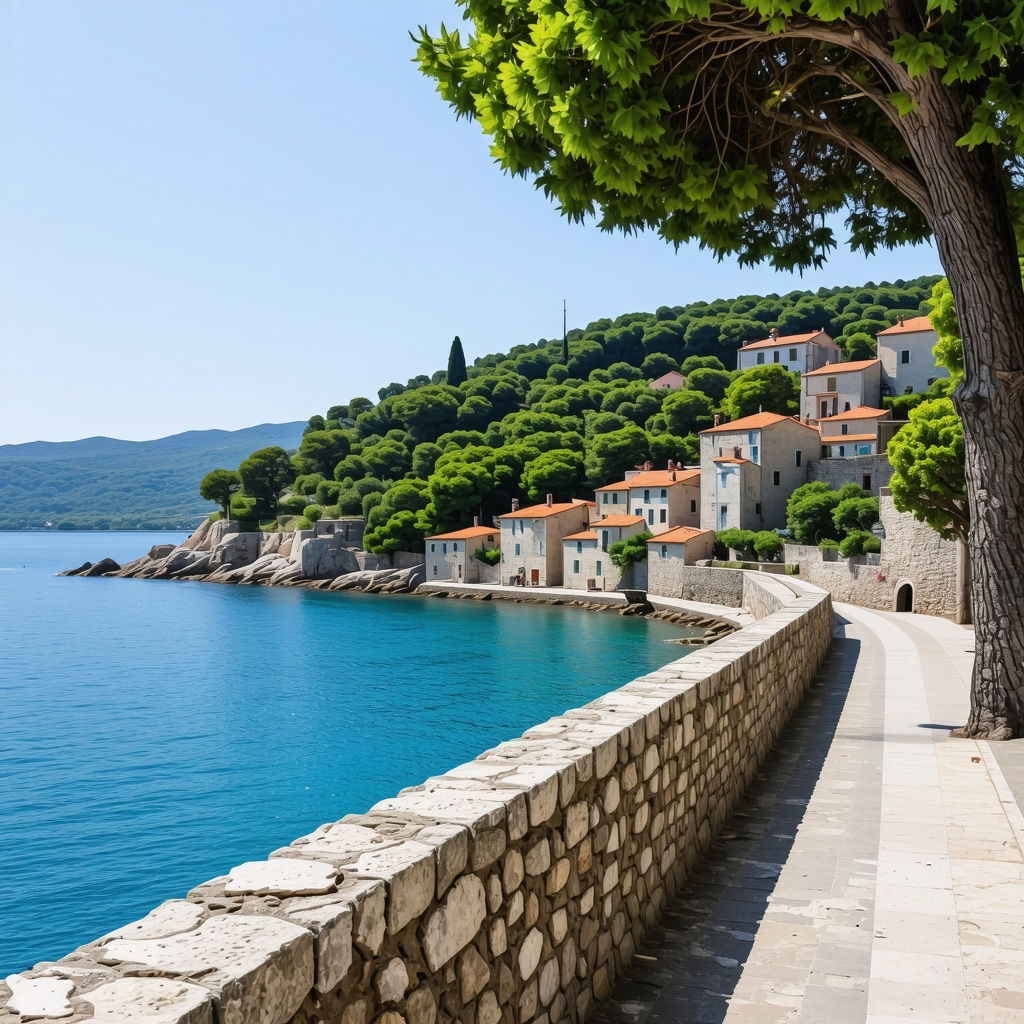 Panoramic view of Rovinj's historic stone streets and adjacent green forests near the Adriatic Sea