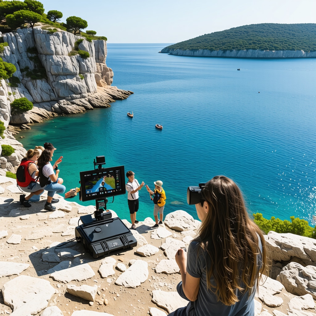 Aerial image of Rovinj's Lim Bay showing sensor equipment and tourists using augmented reality devices for sustainable tourism