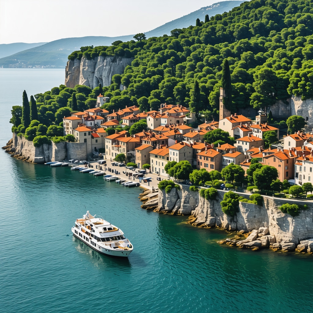 Aerial view of Rovinj with historic buildings, green spaces, and eco-friendly transport illustrating sustainable tourism