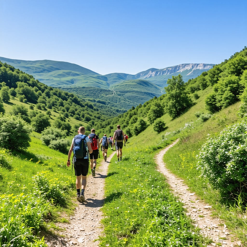 Hikers trekking diverse trails on Rtanj Mountain surrounded by lush green forests under clear sky