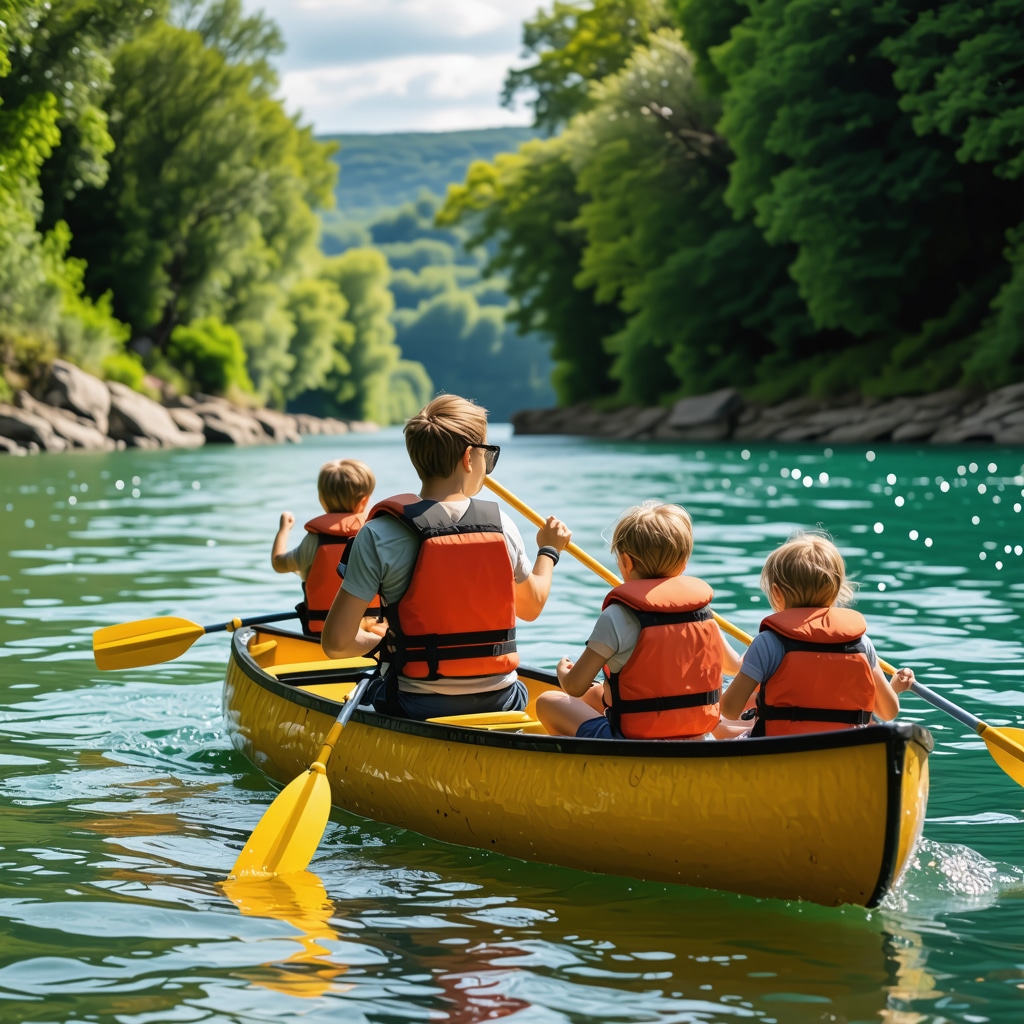 Family canoeing safely on a green river in Knjaževac with children in life jackets and expert guide