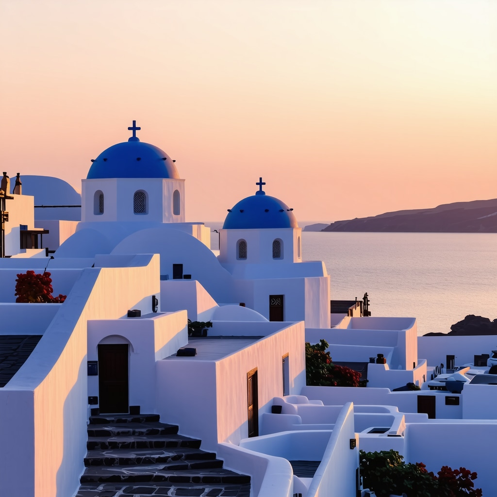 Santorini sunset with white buildings and blue domes reflecting on the sea, symbolizing artistic inspiration