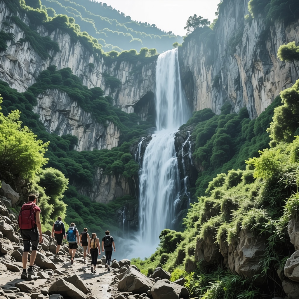 Hikers near Sarakina Waterfall in Xanthi surrounded by lush green forest