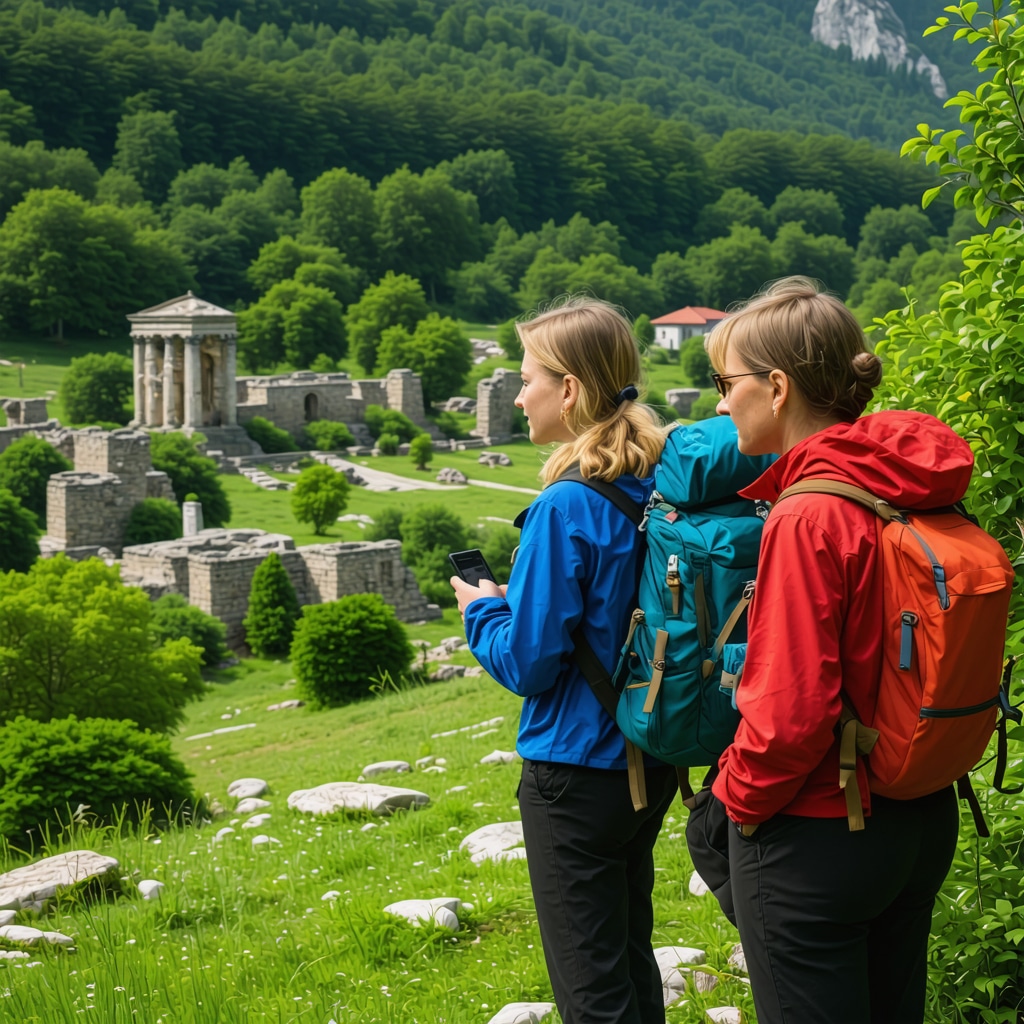 Hikers using augmented reality devices on a mountainous trail in Sarajevo with visible historical ruins