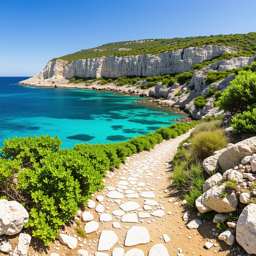 Panoramic view of hiking trail along cliffs and turquoise sea in Rhodes