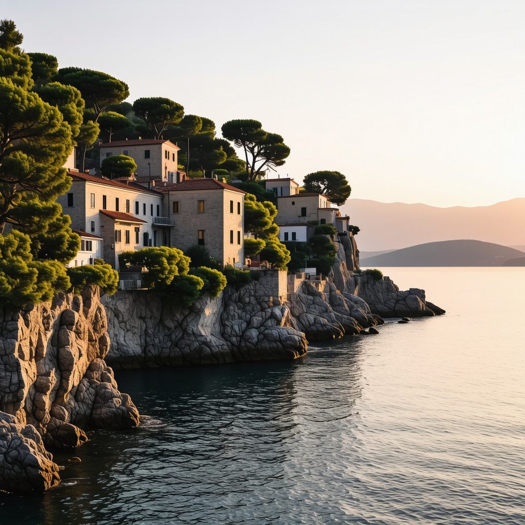 Rovinj coastal town with historic buildings and pine trees by the Adriatic sea at sunset