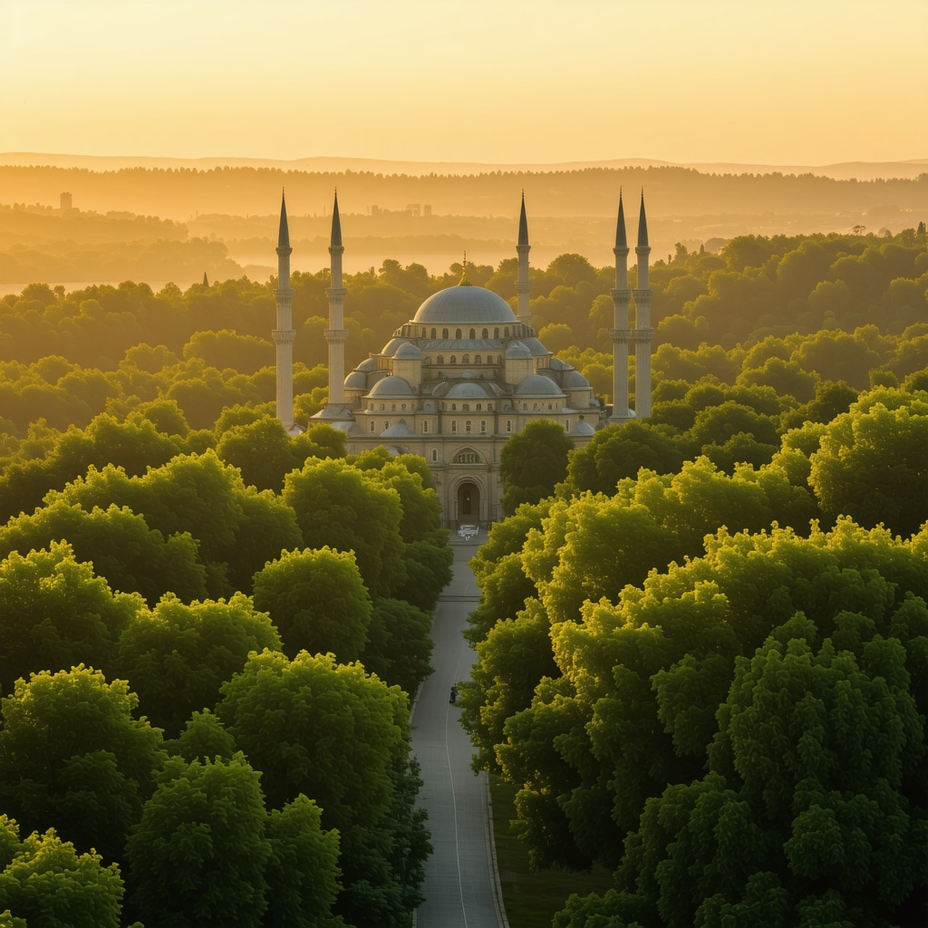 Selimiye Mosque surrounded by lush greenery and natural landscape in Edirne during golden hour