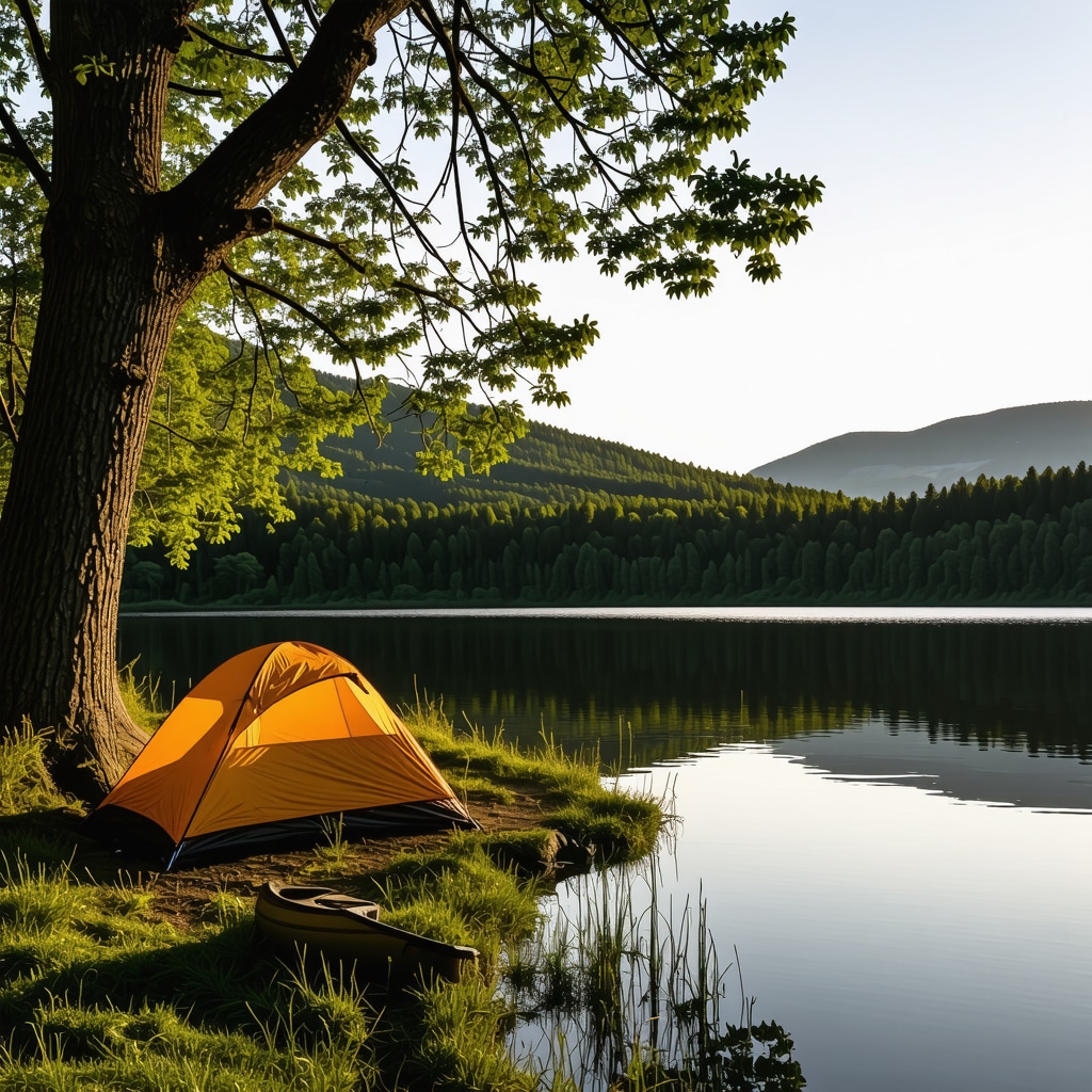Tent near lake with canoe and forest in Mavrovo National Park at sunrise