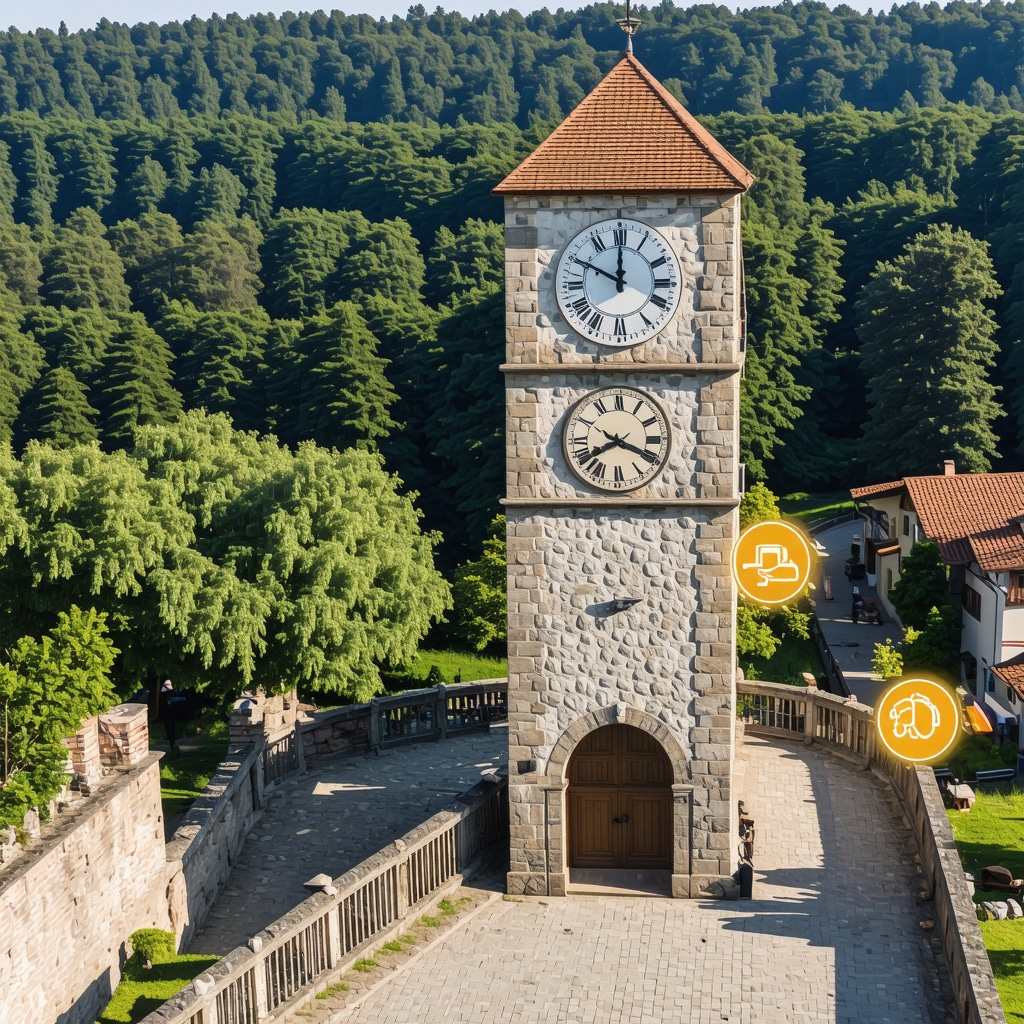 3D digital rendering of Sighișoara Clock Tower with AR highlights and surrounding forest trails symbolizing sustainable tourism