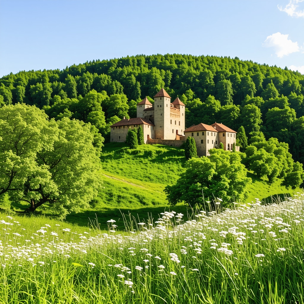 Panoramic view of Sighișoara Fortress with surrounding spring forest and wildflowers