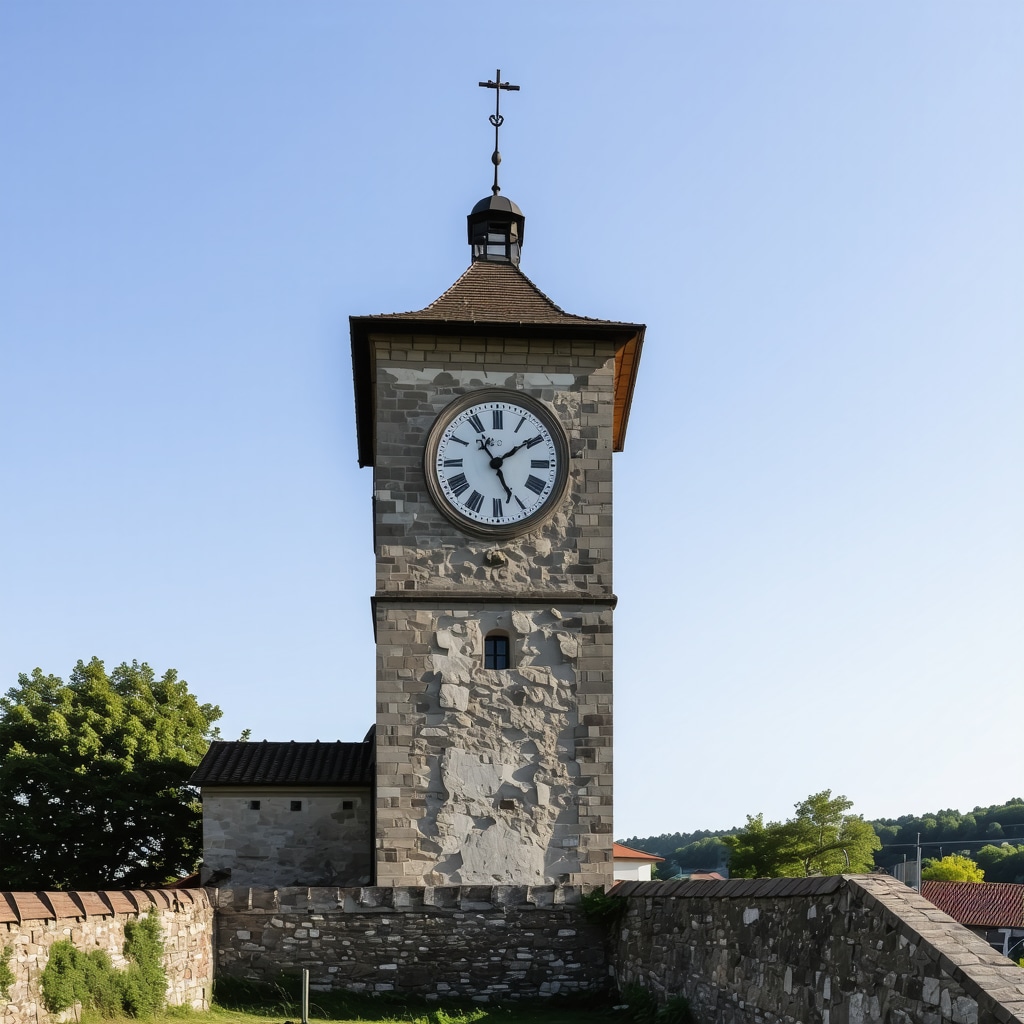 View of Sighișoara's Clock Tower enhanced with digital augmented reality graphics showcasing architectural details and surrounding nature trails