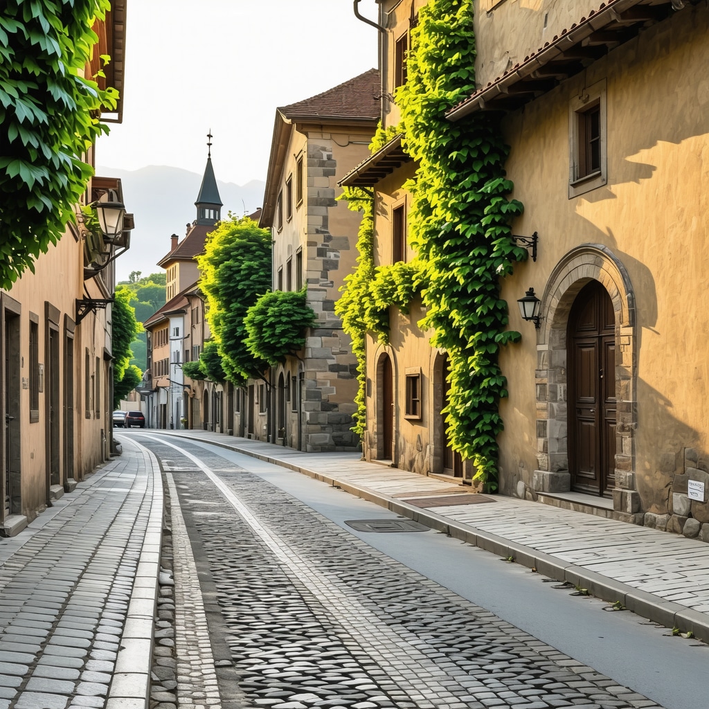 Medieval street in Sighișoara with historic architecture and surrounding greenery